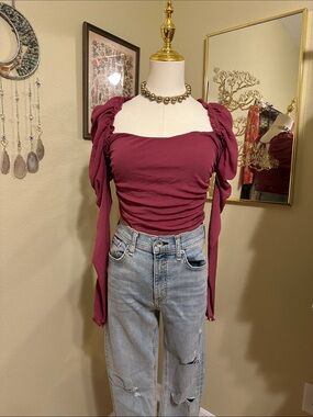 Free People Ruched Square Neck Long Sleeve Top - Berry Plum Size M